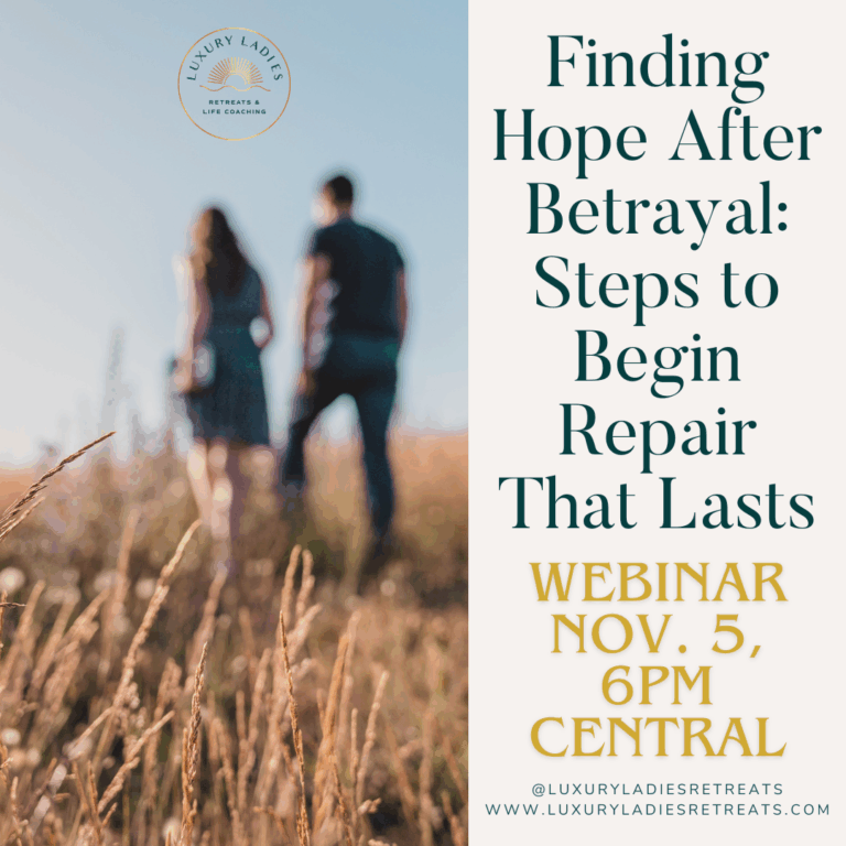 Webinar flyer with blurred couple walking in a field and text promoting 'Finding Hope After Betrayal: Steps to Begin Repair That Lasts,' scheduled for September 15 at 6 PM Central.